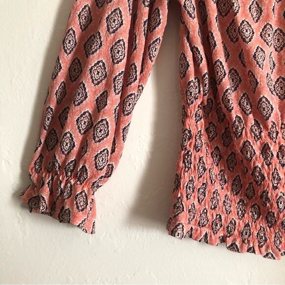 S.C. Society Pink Boho Pattern Bell Sleeve Gathered Elastic Waistband Blouse Top - Picture 3 of 8